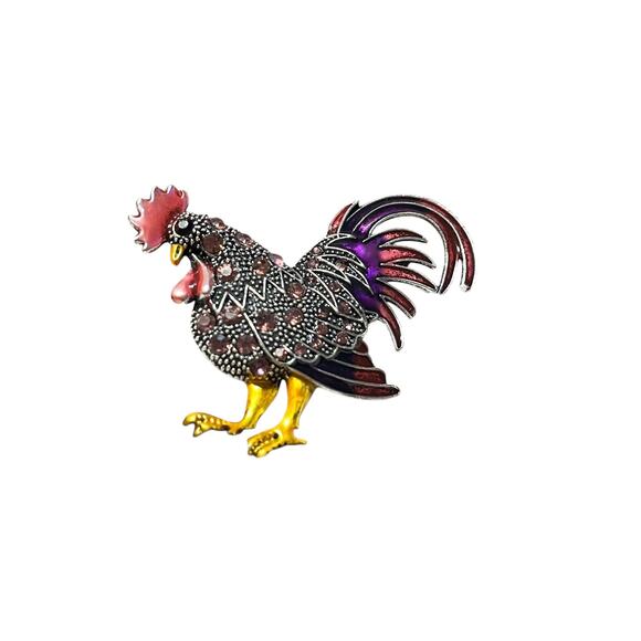 Rooster Brooch Pink Rhinestone Animal Pin - Picture 1 of 5